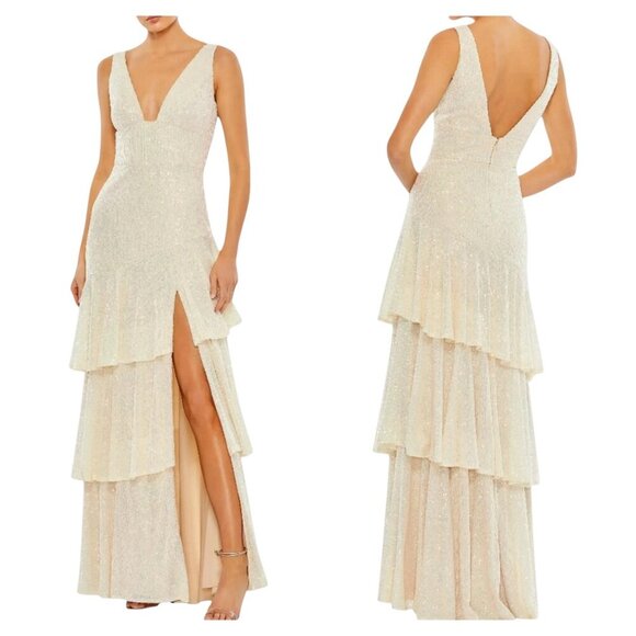 Mac Duggal 27046 Iridescent Sequin Gown Size 8 NWT Tiered Ruffle Slit Dress - Picture 1 of 7